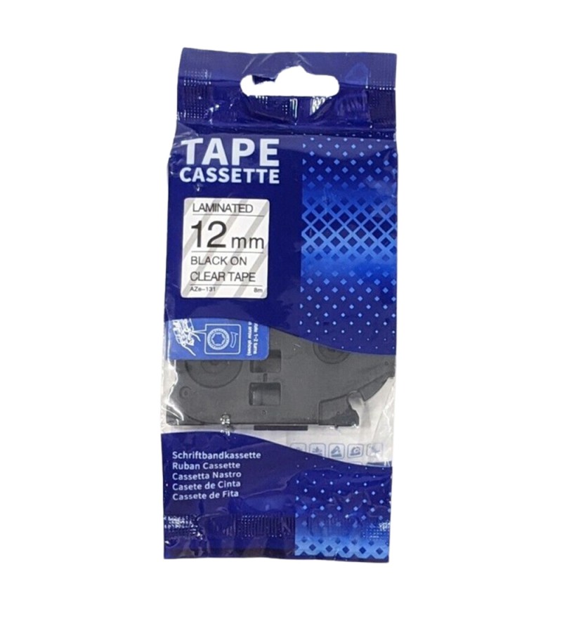Cinta Adhesiva para Etiquetadora AZE-131 12mm/8mt - Black on Clear